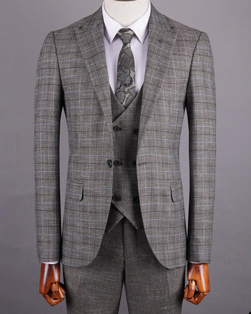 Aidase Light Gray Men's Suit 3 Pieces Blazer Pants One Button Peaked Lapel Plaid Wedding Slim Fit Groom Formal Tailored Costume Homme aidase-shop